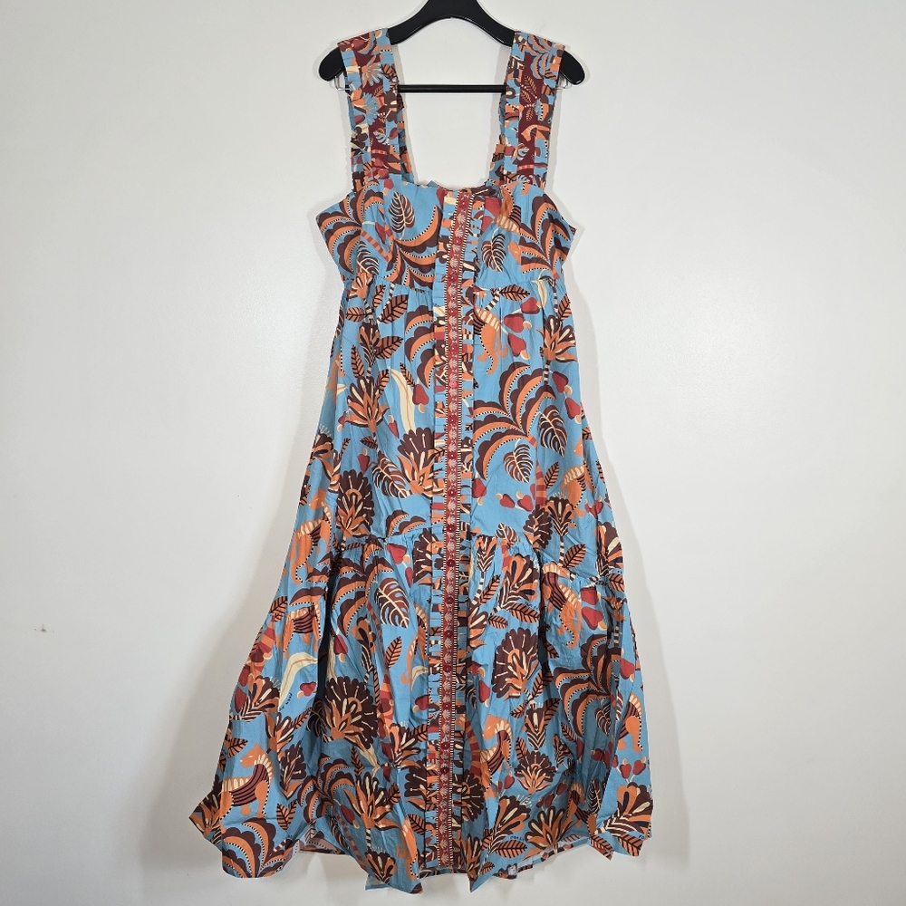 NWT Anthropologie Farm Rio Square Neck Midi Dress Blue Orange XL - Picture 3 of 12